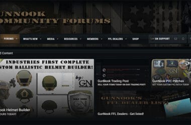 Screenshot of GunNook Community Forums showcasing helmet builder and trading post features, emphasizing community engagement and product offerings.