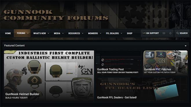 Screenshot of GunNook Community Forums showcasing helmet builder and trading post features, emphasizing community engagement and product offerings.